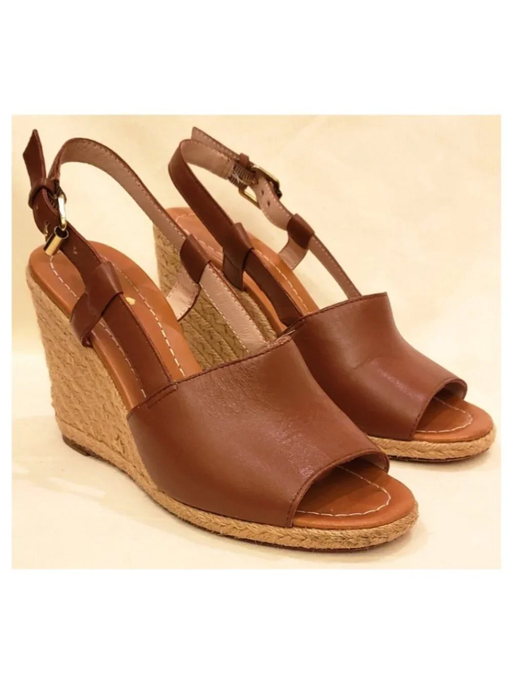 Kate Spade New York Espadrille Wedge Sandals Size 7M Cognac/Brown Leather